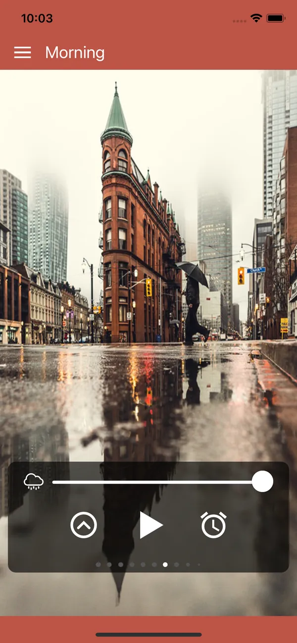 Morning rain scene on a wet city street with the rain volume slider