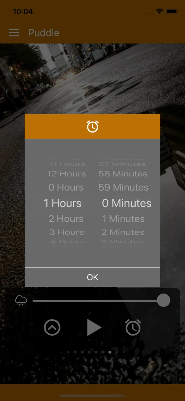 Sleep timer set to 1 hour over the Puddle rain scene