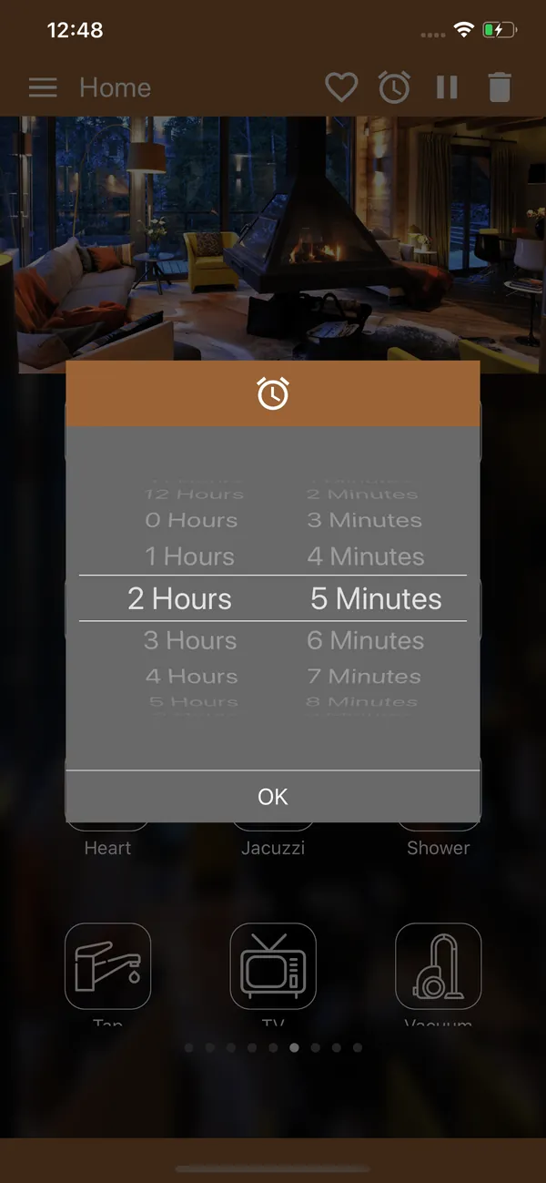 Sleep timer set to 2 hours and 5 minutes in the Home environment