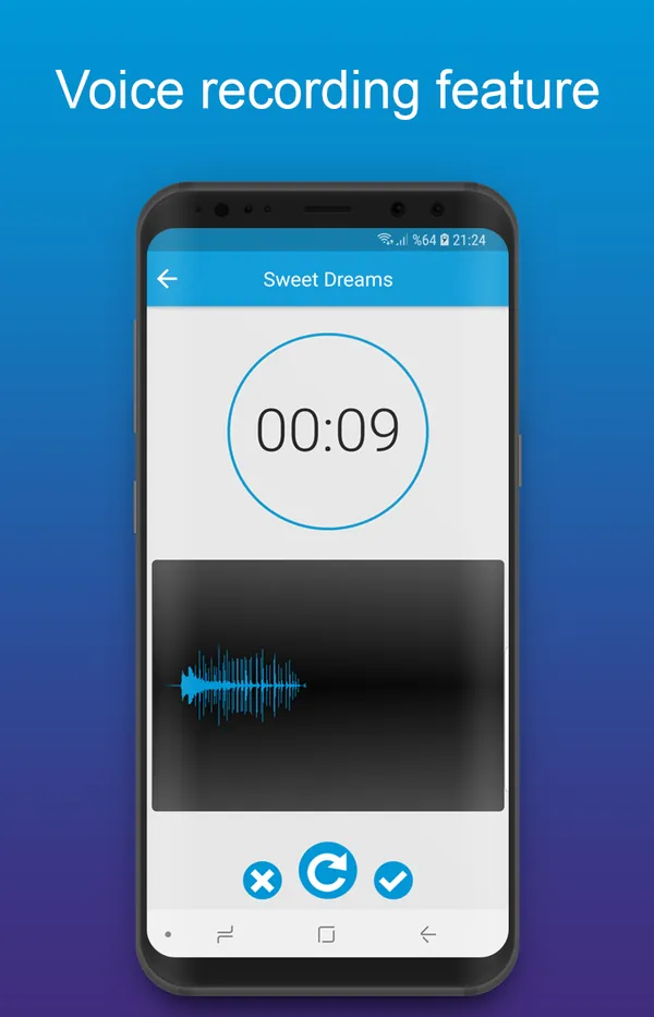 Sweet Dreams voice recording screen with a 9 second recording