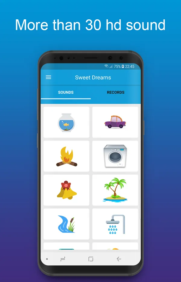 Sweet Dreams sound grid with aquarium, car, campfire and washing machine sounds